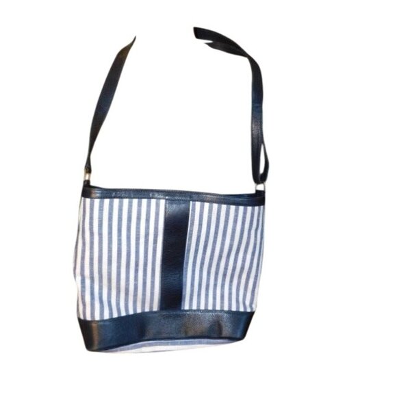 Brooks Brothers Navy Blue White Striped Convertible Crossbody Shoulder Handbag - Picture 2 of 5